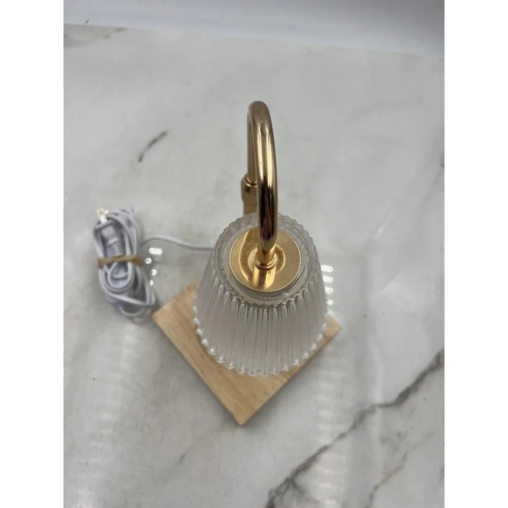 Electric Candle Warmer Lamp Gold Fluted Glass Shade Wood Base Timer Dimmer